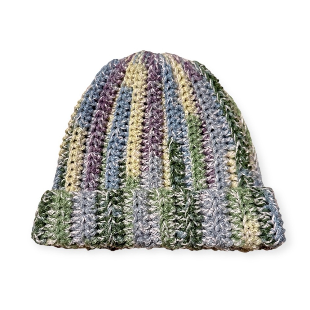 New Handmade Crochet Rib Beanie Fold over Hat Green Yellow Blue Purple Speckled - Picture 2 of 10